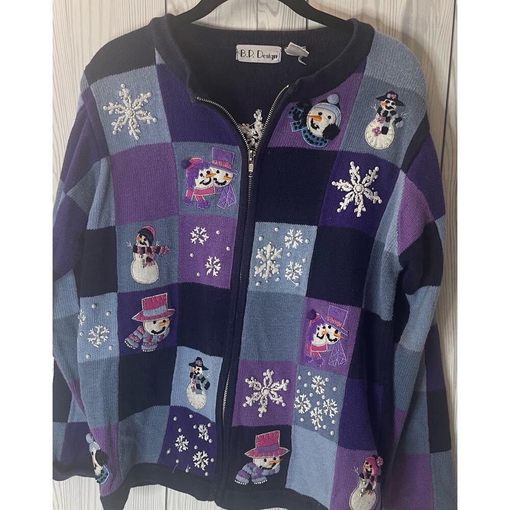 BP Design Holiday Snowman and Snowflakes Cardigan Size Medium